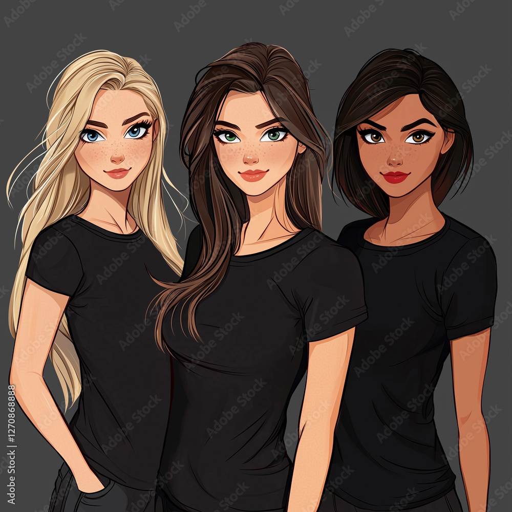 Three girlfriends as a cartoon displaying different hair colors Three girlfriends as a cartoon displaying different hair colors