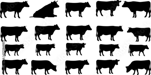 cow silhouette Vector set, cattle silhouettes, diverse breed of cows. Ideal for farm, ranch branding. Perfect for logos, decals. Black, white background. Bulls, cows, standing, walking, running photo