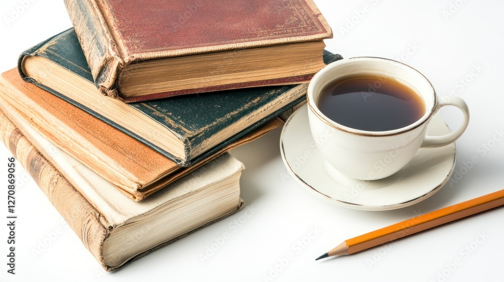 Naklejka premium Old books, coffee, pencil, study table, reading break