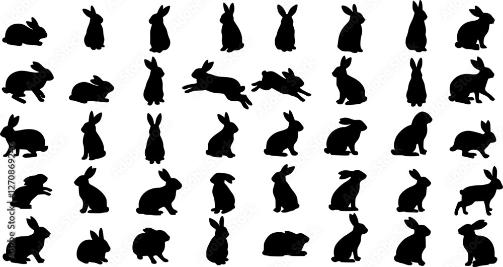 Fototapeta premium Rabbit silhouettes vector illustration, perfect for Easter, spring celebrations. Features adorable, fluffy bunnies in various poses - hopping, sitting, standing. Ideal for nature, wildlife themes