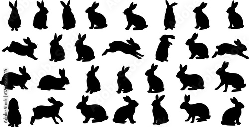 Rabbit silhouettes vector illustration, perfect for Easter, spring celebrations. Features adorable, fluffy bunnies in various poses - hopping, sitting, standing. Ideal for nature, wildlife themes