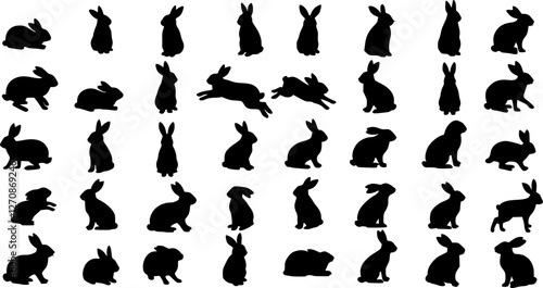 Rabbit silhouettes vector illustration, perfect for Easter, spring celebrations. Features adorable, fluffy bunnies in various poses - hopping, sitting, standing. Ideal for nature, wildlife themes