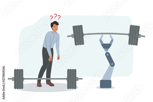Introduction robotization upsets business man looking at robots arm with heavy barbell. Concept robotization development leading to dismissal and bankruptcy of company employees to improve efficiency
