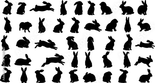 Rabbit silhouettes vector illustration, perfect for Easter, spring celebrations. Features adorable, fluffy bunnies in various poses - hopping, sitting, standing. Ideal for nature, wildlife themes