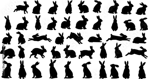 Rabbit silhouettes vector illustration, perfect for Easter, spring celebrations. Features adorable, fluffy bunnies in various poses - hopping, sitting, standing. Ideal for nature, wildlife themes