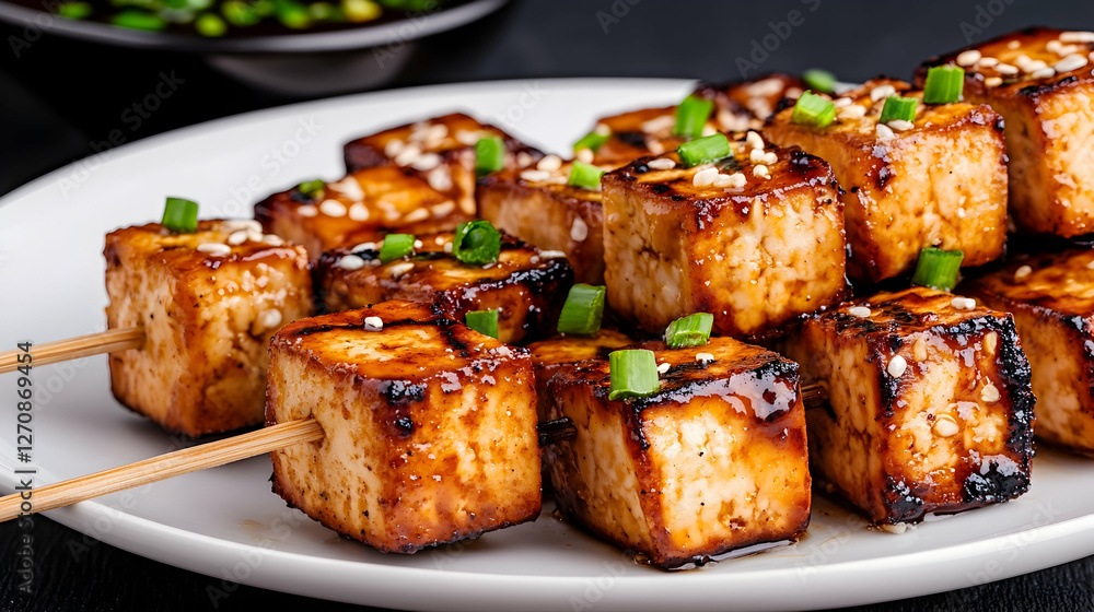 Grilled tofu skewers, glazed with teriyaki sauce, sprinkled with sesame, on white plate Grilled tofu skewers, glazed with teriyaki sauce, sprinkled with sesame, on white plate