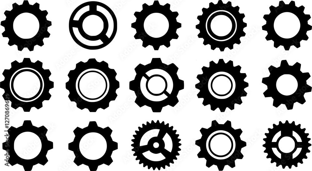 Gear icon vector set, black cogwheel vector collection, mechanical gear shapes, engineering symbols, industrial machinery, sprocket designs, abstract gearwheel graphics Gear icon vector set, black cogwheel vector collection, mechanical gear shapes, engineering symbols, industrial machinery, sprocket designs, abstract gearwheel graphics