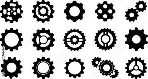 Gear icon vector set, black cogwheel vector collection, mechanical gear shapes, engineering symbols, industrial machinery, sprocket designs, abstract gearwheel graphics 