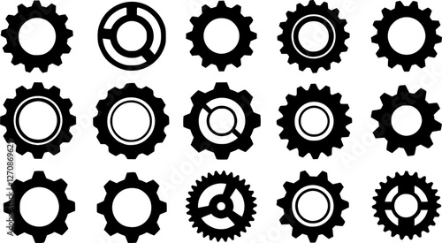 Gear icon vector set, black cogwheel vector collection, mechanical gear shapes, engineering symbols, industrial machinery, sprocket designs, abstract gearwheel graphics 