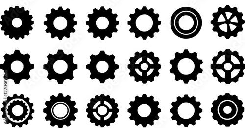Gear icon vector set, black cogwheel vector collection, mechanical gear shapes, engineering symbols, industrial machinery, sprocket designs, abstract gearwheel graphics 