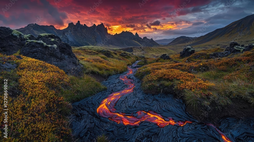 Naklejka premium Volcanic landscapes idea. A breathtaking view of flowing lava under a vibrant sunset sky in a rugged landscape.