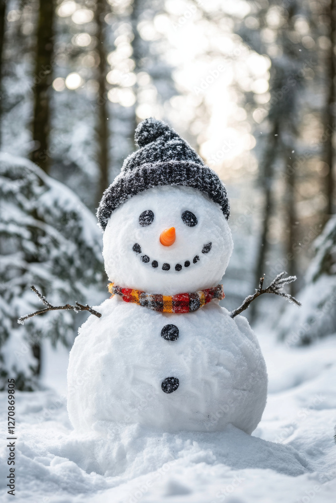 Smiling snowman. Making snowman in the forest from the first snow. Snowy winter, coniferous trees covered with snow
Smiling snowman. Making snowman in the forest from the first snow. Snowy winter, coniferous trees covered with snow