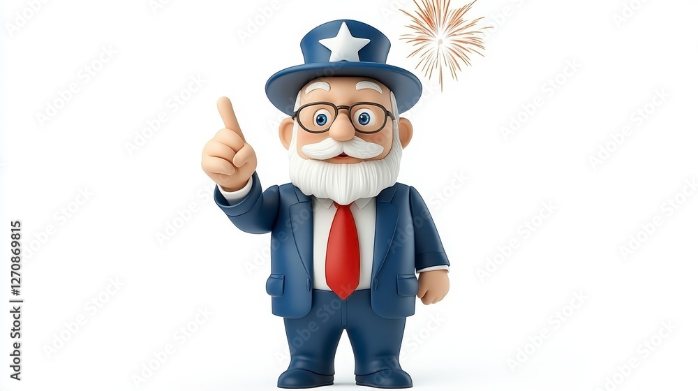 Cheerful Cartoon Grandpa In Blue Suit Points Upward With Fireworks Cheerful Cartoon Grandpa In Blue Suit Points Upward With Fireworks