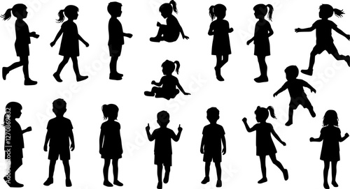 Kids silhouette vector illustration showing multiple children in playful and standing poses. Ideal kid set for educational designs, websites, or creative projects requiring children themed visuals