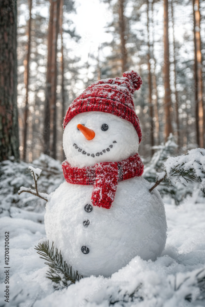 Smiling snowman. Making snowman in the forest from the first snow. Snowy winter, coniferous trees covered with snow
Smiling snowman. Making snowman in the forest from the first snow. Snowy winter, coniferous trees covered with snow