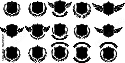 Laurel wreath, shield, wing, ribbon, and banners vector set. Laurel wreaths, shields, wings, ribbons illustration for awards, heraldry, logos, badges, and branding designs