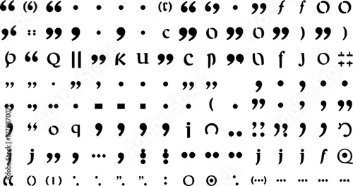Collection of diverse quotation marks, black symbols on white, mix of solid and calligraphic styles, single and double quotes. Ideal for typography, writing, and language related content