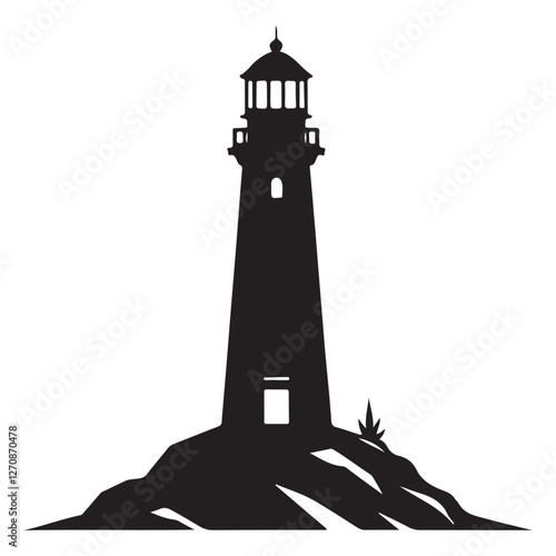 Silhouette lighthouse on rocky coast vector illustration guidance safety