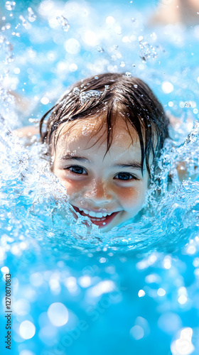 Happy kid swims in blue water, smiling. Summer vacation. Swimming fun