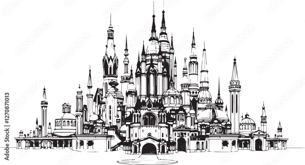 Fototapeta premium City landscape. Different buildings on street, outline cityscape hand sketch, flat houses. Hand drawn vector illustration