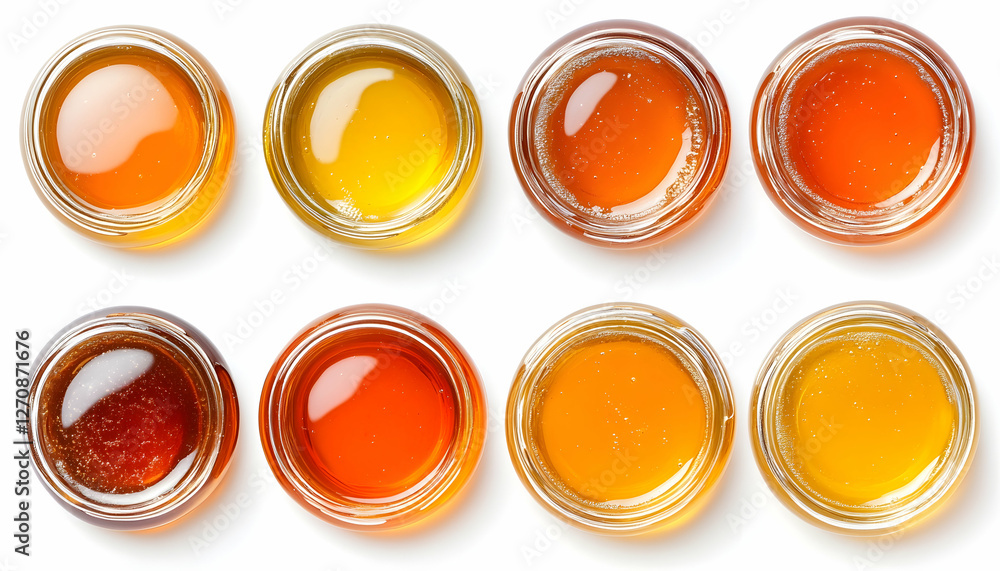 Honey jars, different colors, overhead shot. Natural, raw food product, for sale Honey jars, different colors, overhead shot. Natural, raw food product, for sale