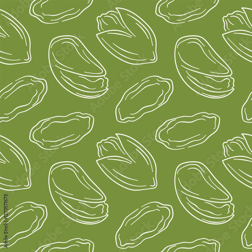 Seamless pattern pistachio in line art style on green background. Hand drawn nut design for card, package, food store.