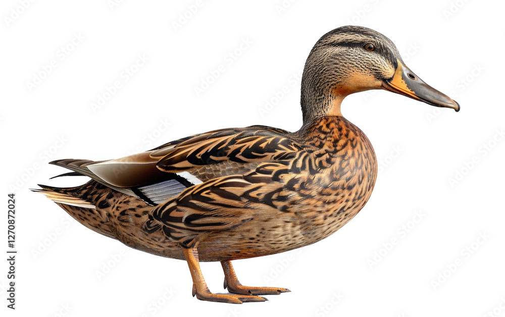 A detailed illustration of a standing duck, featuring its distinct feather patterns and colors against a white background. A detailed illustration of a standing duck, featuring its distinct feather patterns and colors against a white background.