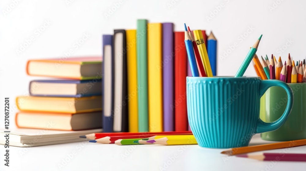 Fototapeta premium Colorful pencils, books, and mugs; education concept; white background; study supplies