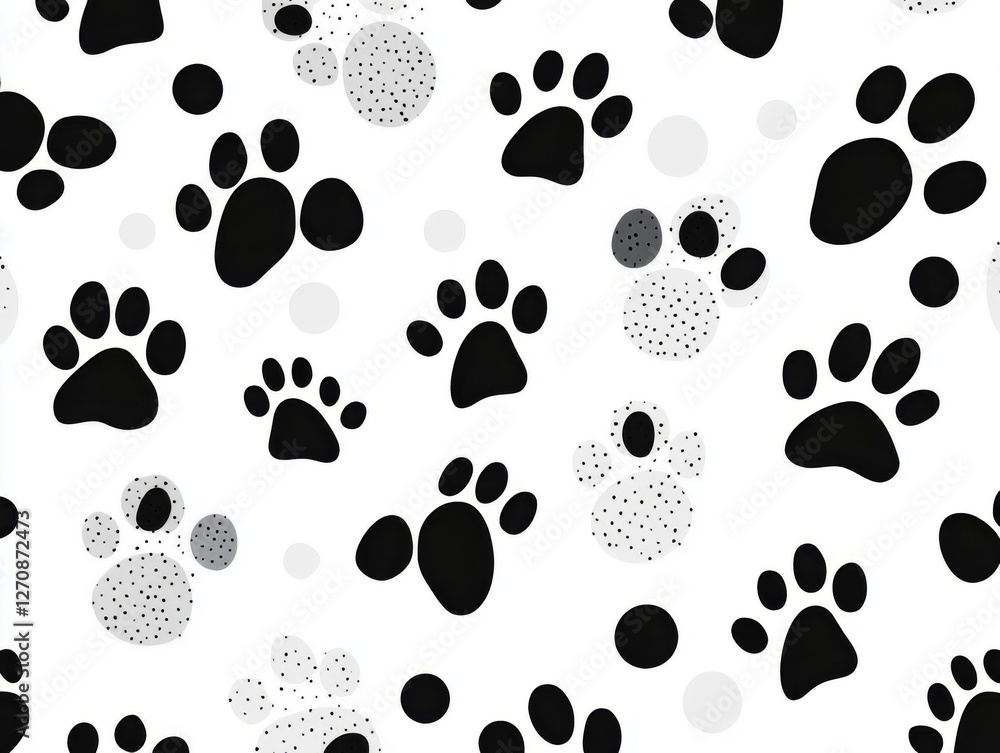 A playful pattern of black and grey animal paw prints. A playful pattern of black and grey animal paw prints.