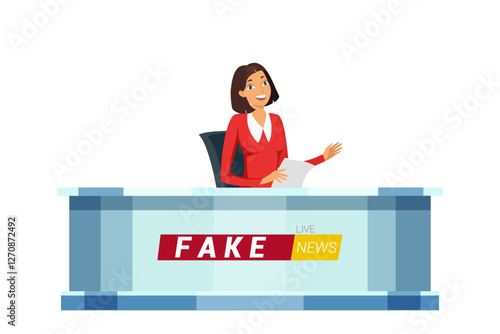 Live fake news flat vector illustration. Woman journalist in TV studio. Television news program presenter cartoon female character. Broadcast announcing.