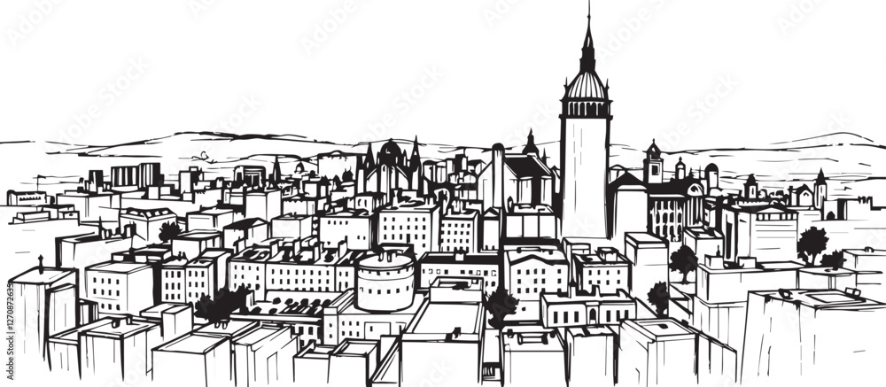 Obraz premium City landscape. Different buildings on street, outline cityscape hand sketch, flat houses. Hand drawn vector illustration