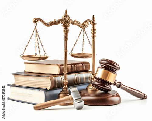 Justice scale with books and gavel symbolizing law, legal system and judgment photo