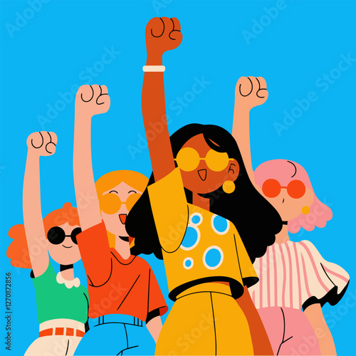 Diverse group of young people raising their hands up. Vector illustration.