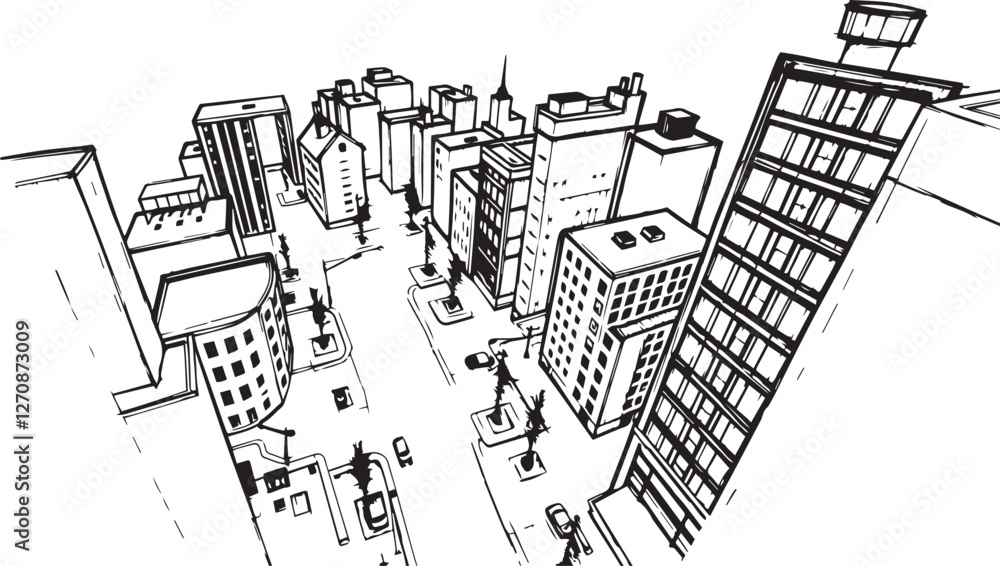 Obraz premium City landscape. Different buildings on street, outline cityscape hand sketch, flat houses. Hand drawn vector illustration