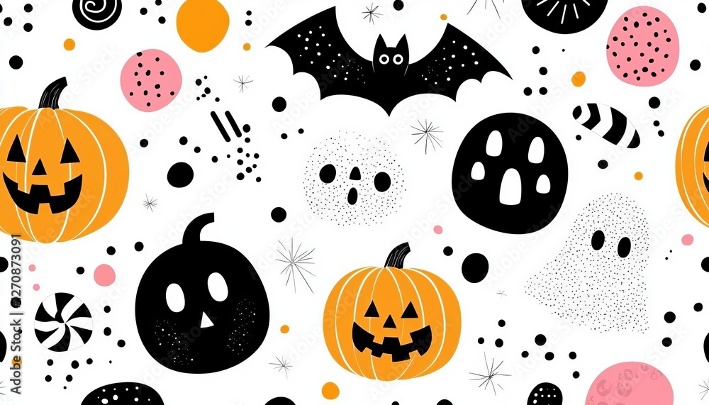 Festive Halloween pattern with pumpkins, bats, and ghosts. Festive Halloween pattern with pumpkins, bats, and ghosts.