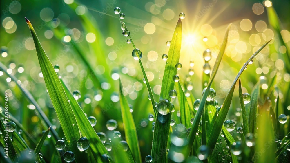 Fototapeta premium Dew Drops on Grass, Lush Green Nature Photography, Rain Drops, Close Up, Vibrant Green, Sunlight, Foliage, Rainy Weather, Macro Photography