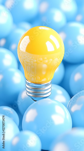 Lightbulb above balls bright idea concept, standing out, on blue background