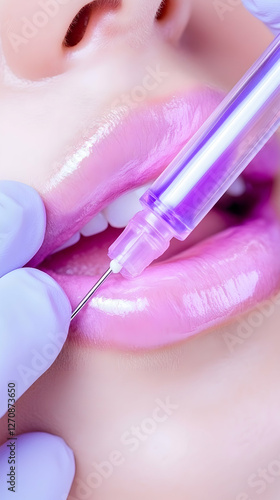 Lip injection. Close-up of lips being injected for cosmetic enhancement. Beauty concept