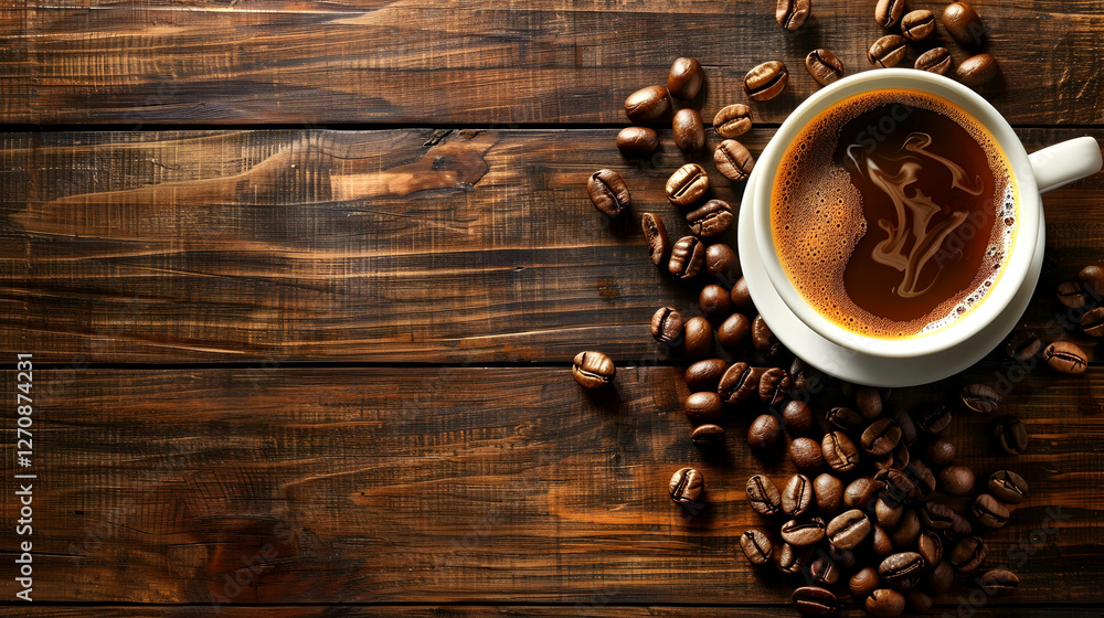 A steaming cup of coffee surrounded by scattered coffee beans on a rustic wooden table (4) A steaming cup of coffee surrounded by scattered coffee beans on a rustic wooden table (4)