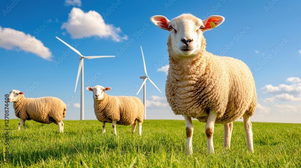 Charming Sheep Grazing on Green Pasture with Wind Turbines in Bright Blue Sky Background Charming Sheep Grazing on Green Pasture with Wind Turbines in Bright Blue Sky Background