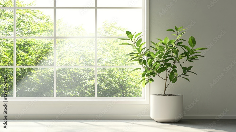 Green Plant in White Pot by Sunlit Window Green Plant in White Pot by Sunlit Window