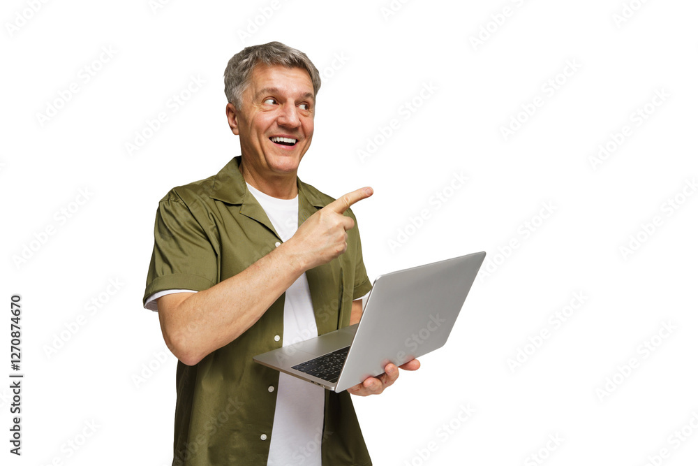 Man with gray hair smiles while holding a laptop and pointing to something interesting Man with gray hair smiles while holding a laptop and pointing to something interesting