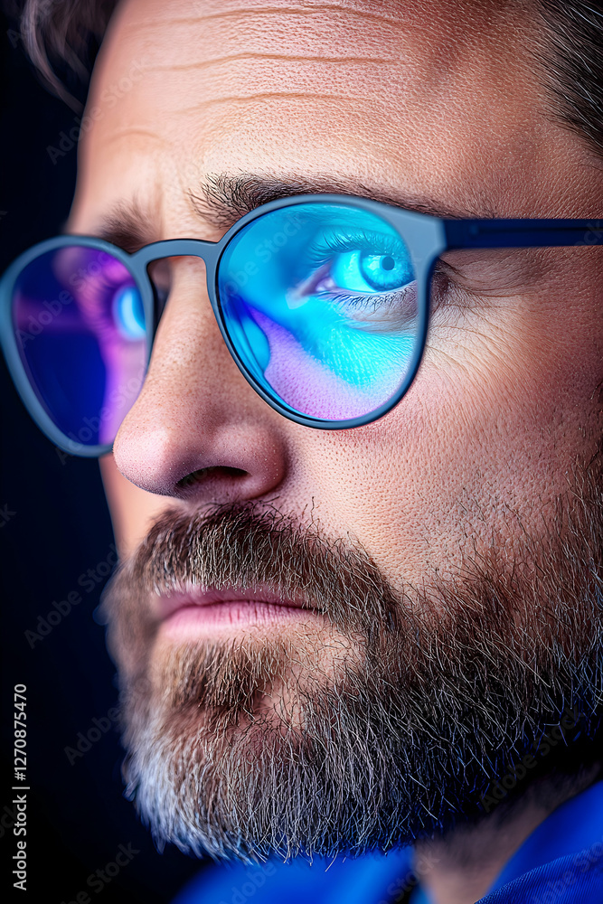 Man wearing glasses with reflection, looking thoughtfully into the distance Man wearing glasses with reflection, looking thoughtfully into the distance