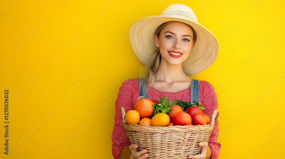 beauty farmer woman holding fruits in basket, marketing photography, happy to sell you a product, standing, smiling on solid background beauty farmer woman holding fruits in basket, marketing photography, happy to sell you a product, standing, smiling on solid background