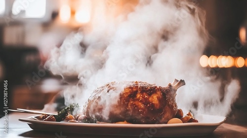 Steaming roasted chicken, restaurant kitchen, warm lighting, food photography