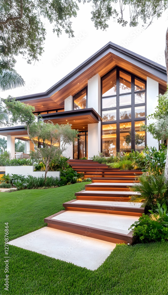 Modern house entrance in a green setting. Showcase for architecture, real estate Modern house entrance in a green setting. Showcase for architecture, real estate