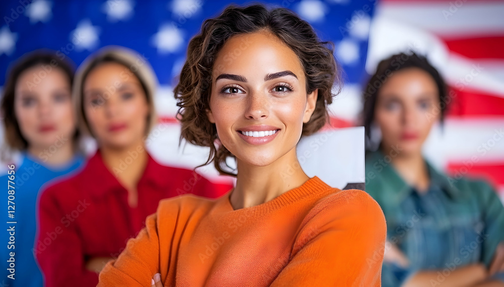 Fototapeta premium Multiethnic women team smiling in front of US flag for independence or election