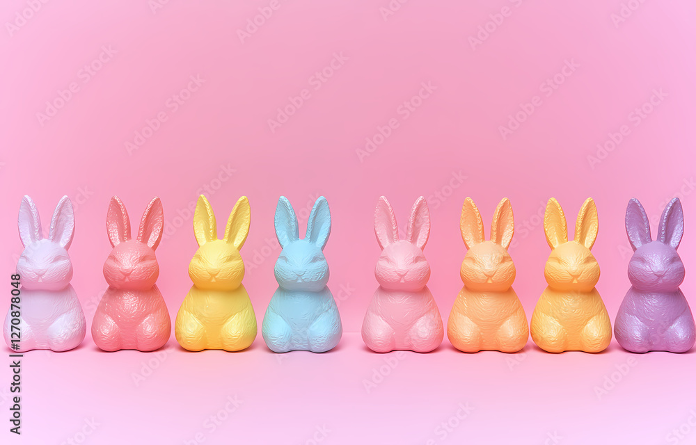 Colorful bunny figurines arranged in a line against a pink background for festive decoration. Generative AI Colorful bunny figurines arranged in a line against a pink background for festive decoration. Generative AI
