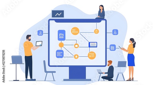 Group of professionals collaborating on computer analyzing flow chart and ai data visualization