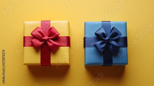 Wallpaper Mural Two gift boxes wrapped in blue and red ribbon tied with knots on a yellow background Torontodigital.ca